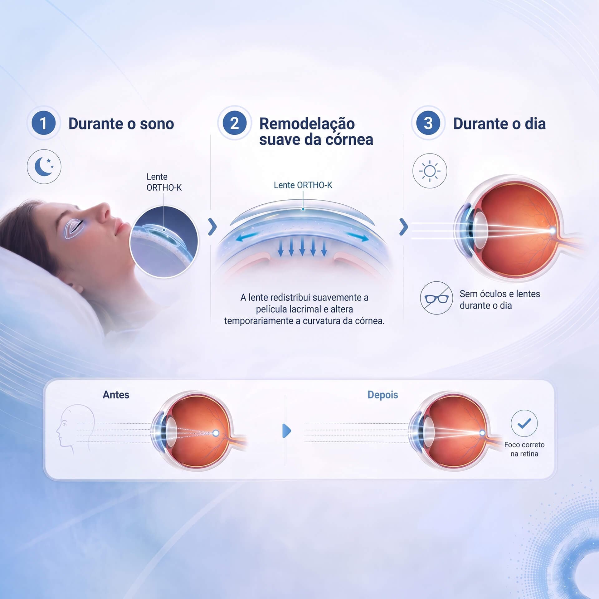 Como funciona a Ortho-K: durante o sono a lente remodela suavemente a córnea; durante o dia, visão nítida sem óculos